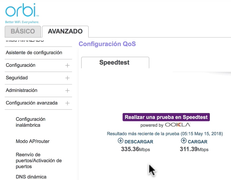 configuración inicial de Orbi test velocidad
