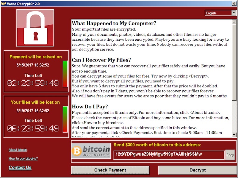 captura de pantalla del ransomware wannacry